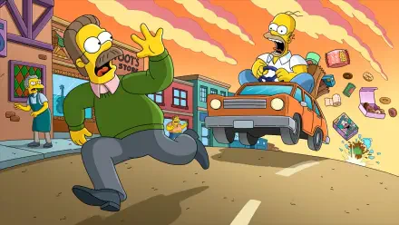 HD PC desktop wallpaper of The Simpsons meets Fortnite: Homer in a flying car chases a fleeing Ned Flanders through Springfield as loot and items scatter under a blazing orange sky