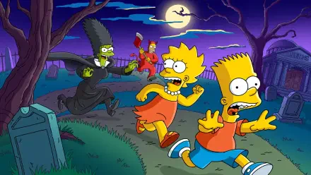 HD PC desktop wallpaper/background: video game Fortnite-style The Simpsons scene — Bart and Lisa sprint through a moonlit graveyard as Marge in a monster gown and devilish Homer chase them.