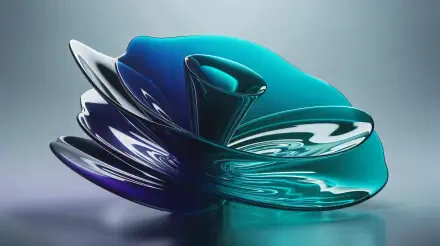Dual-tone abstract glass-like fluid sculpture in teal and indigo with glossy reflections on a smooth surface — 4K Ultra HD PC desktop wallpaper/background.