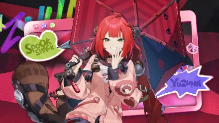 4K Ultra HD PC desktop wallpaper of Ukinami Yuzuha from video game Zenless Zone Zero: red-haired girl in pink outfit with umbrella, playful pose against neon game-styled backdrop.