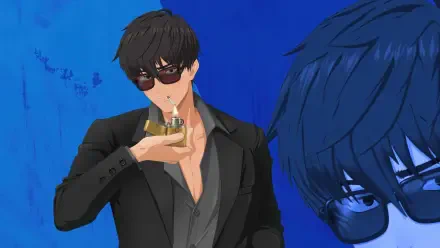 4K PC anime desktop wallpaper featuring Trigun Stargaze's Nicholas D. Wolfwood in a black suit and sunglasses, holding a lighter against a deep blue portrait-style background.