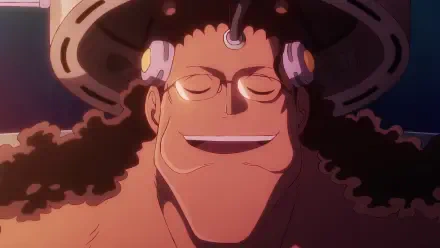 Anime One Piece — Bartholomew Kuma smiling with closed eyes, wearing his signature hat and paw-print headphones; 4K Ultra HD PC desktop wallpaper background.