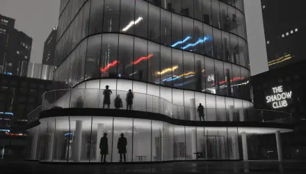 4K Ultra HD PC Desktop Wallpaper and Background: monochrome curving glass building at night, silhouetted figures on balconies and streaks of colored neon light.