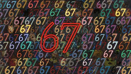 Meme-style 4K Ultra HD PC desktop wallpaper and background: multicolored repeating 67 numerals over a grungy textured field with a large red-outlined 67 centered.
