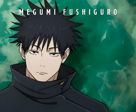 2K Quad HD PC desktop wallpaper of Megumi Fushiguro from Jujutsu Kaisen — a stoic portrait against a swirling smoky green background.