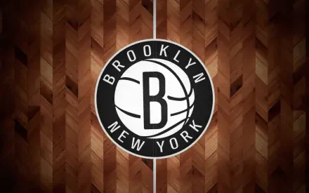 HD desktop wallpaper of the Brooklyn Nets NBA logo centered over a dark wood parquet basketball-court style background.