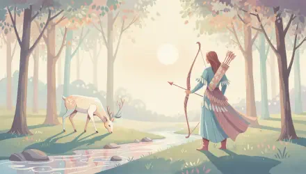 Hunter with bow and quiver watches a grazing deer by a sunlit forest stream at dawn — 4K Ultra HD PC desktop wallpaper and background.