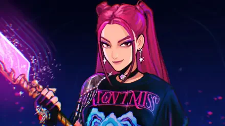 2K Quad HD PC wallpaper of Mira from the movie KPop Demon Hunters — pink‑haired K‑pop demon hunter with a glowing weapon, edgy outfit and a confident smirk.