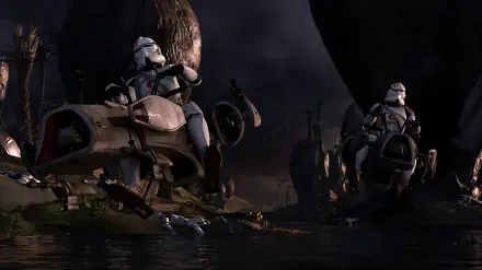 Star Wars 4K Ultra HD PC desktop wallpaper: clone troopers on speeder bikes skimming a dark swamp under stormy skies.