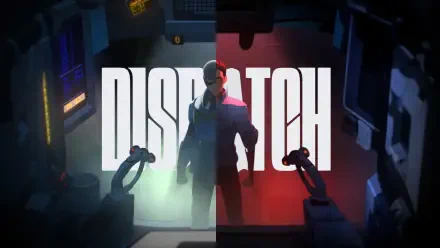 Dispatch video game 2K Quad HD PC desktop wallpaper: lone masked figure in a split-lit sci‑fi control room, green light left, red right, with bold 'DISPATCH' title behind.