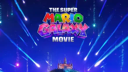 5K Ultra HD PC desktop wallpaper: The Super Mario Galaxy movie logo above a glowing castle, shooting stars and a cosmic blue sky.