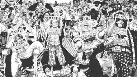 Black-and-white manga collage of Yonko (One Piece) and crews holding WANTED posters, composed as an HD PC desktop wallpaper background.