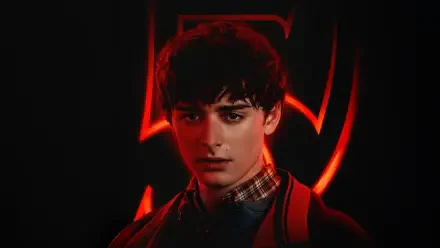 Stranger Things 5K Ultra HD PC desktop wallpaper: moody portrait of a teenage character with a backpack and a glowing red 5 emblem behind him on a dark background.