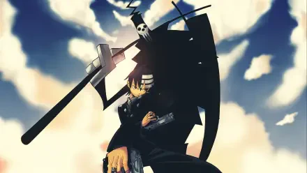 Death the Kid from Soul Eater stands beneath a stormy sky, twin pistols and scythe silhouetted — dark anime 4K Ultra HD PC desktop wallpaper/background.