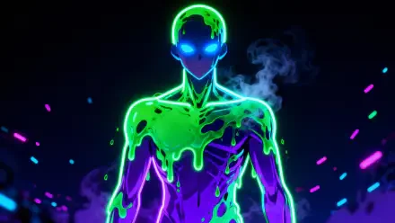 Neon anime 4K Ultra HD PC Desktop Wallpaper and Background — glowing humanoid with blue eyes, green slime dripping over a purple body, shrouded in smoke and neon particle lights.