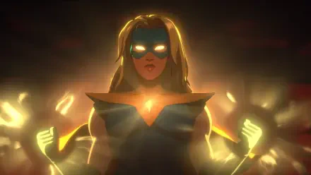 2K Quad HD PC wallpaper of a video game superhero Dispatch in a blonde blazer, glowing mask and clenched, energy-lit hands standing against a dark, dramatic background.