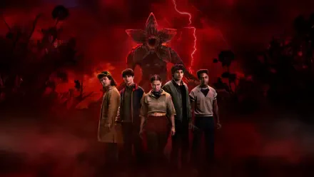 Stranger Things 5K Ultra HD PC desktop wallpaper and background: five teens stand in red-lit fog with lightning, a towering shadowy monster looming behind them in the Upside Down.