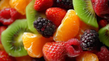 4K Ultra HD PC desktop wallpaper of food: close-up of mixed fruits — sliced kiwi, strawberries, blackberries and juicy tangerine segments.
