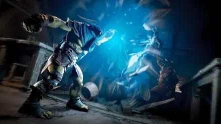 HD PC desktop wallpaper from the video game Styx: Blades of Greed — goblin thief hurls blue magic energy at armored guards in a dim, chaotic dungeon.