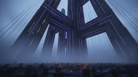 Megastructure in a 4K Ultra HD PC desktop wallpaper and background: towering, glowing-blue futuristic pillars looming over a fog-shrouded cityscape.
