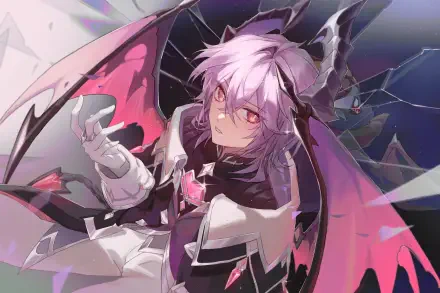 Genshin Impact: Durin with pink hair and horns, dark pink-and-black bat wings and glowing eyes, reaching forward in a white-and-black outfit against a shattered-glass backdrop. HD PC wallpaper.