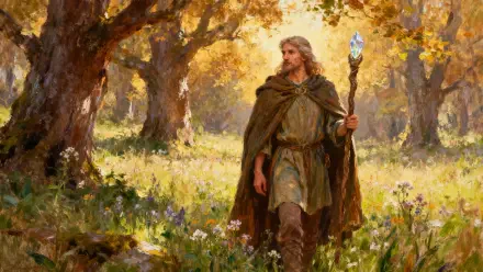4K Ultra HD PC desktop wallpaper: a druid in a sunlit forest glade, staff topped with a crystal, walking among wildflowers under golden autumn oaks.