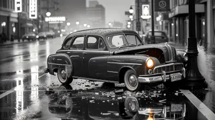 Black-and-white 4K Ultra HD PC desktop wallpaper: vintage car crashed on a rain-slick city street, broken glass and debris reflecting neon lights.