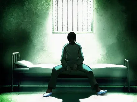 HD PC wallpaper: a lone figure sits slumped on a bed in a dim green-lit cell, conveying a depressed, unsettling mood tied to the horror video game The Song of Saya.