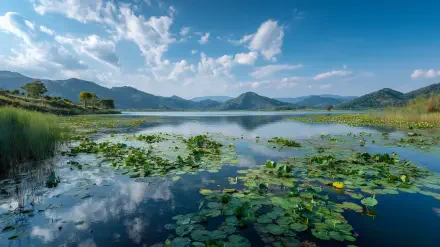 2K Quad HD PC desktop wallpaper — nature landscape: lake with aquatic plants and lily pads in the foreground, calm water reflecting clouds and distant mountains.