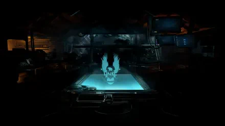 4K Ultra HD PC desktop wallpaper: dim UNSC command room from Halo with a glowing holographic UNSC emblem hovering above a tactical table.