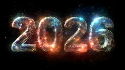 Glossy, luminous 2026 numerals surrounded by colorful cosmic light and sparkles on black — 2K Quad HD PC desktop wallpaper/background.
