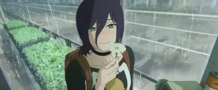 Anime Chainsaw Man wallpaper: Reze smiling in the rain, holding a daisy on a rain-slick street — 2K Quad HD PC desktop background.