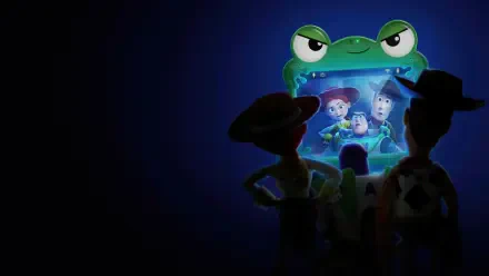 Toy Story 5 4K Ultra HD PC desktop wallpaper and background: Woody and Buzz silhouetted watching a glowing frog-shaped screen showing Jessie, Bo Peep and other toys.