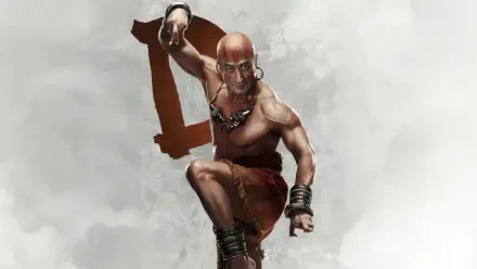 Street Fighter (2026) 5K Ultra HD PC wallpaper: bald, painted martial artist crouches in tribal garb with clenched fist against a smoky, dynamic background.