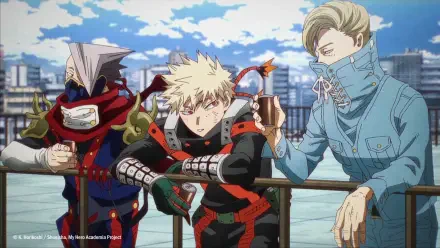 HD anime desktop wallpaper of My Hero Academia: Katsuki Bakugou flanked by Tsunagu Hakamada and Shinya Kamihara on a rooftop railing under a bright blue sky.