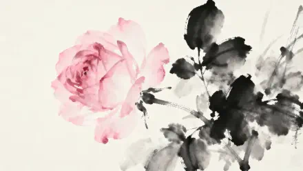 Watercolor pink rose with ink-wash black leaves on a pale background, 4K Ultra HD PC desktop wallpaper and background.