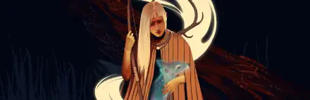 HD PC desktop wallpaper from the video game Death Howl: pale, cloaked figure holding a glowing fawn as luminous antler-shaped light swirls over a dark, moody background.