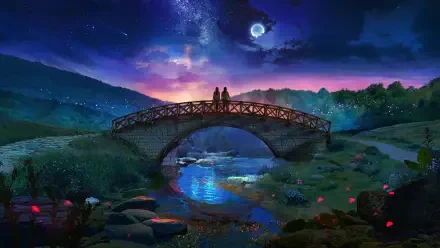 Artistic 2K Quad HD PC desktop wallpaper: romantic garden landscape with two figures on an arched bridge over a glowing stream beneath a moonlit sky.