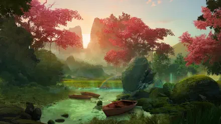 2K Quad HD PC desktop wallpaper and background: a fantasy forest landscape with red-leaved trees, misty river, mossy rocks and two wooden boats beneath a glowing sky.
