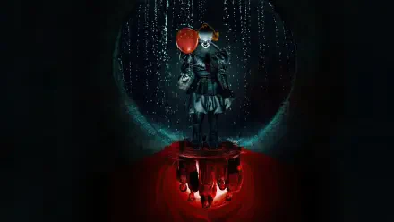 4K Ultra HD PC desktop wallpaper It: Welcome to Derry — sinister clown at a rain-soaked sewer entrance holding a red balloon, with a blood-red reflection beneath.