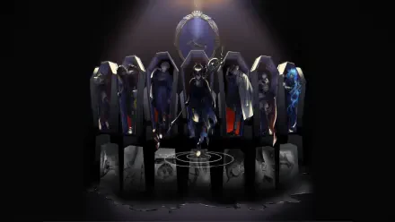 Dark Disney Twisted-Wonderland 4K Ultra HD PC desktop wallpaper/background: seven coffin-like glass cases with silhouetted figures, arcane symbols and glossy floor reflections beneath a lone spotlight.