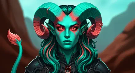 4K Ultra HD PC desktop wallpaper of a teal-skinned tiefling with curling ram horns, glowing red eyes, bi-colored hair and dark armor, set against misty mountains.