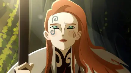 Twilight of the Gods 2K Quad HD PC desktop wallpaper and background: red‑haired warrior with facial tattoos grips a sword in a twilight forest, green eyes fixed forward.