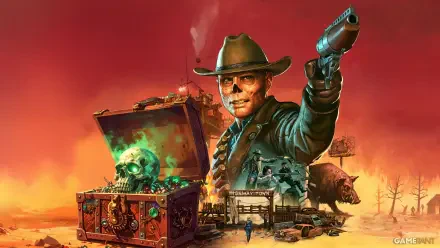 Fallout (TV Show) 4K Ultra HD PC desktop wallpaper: rugged cowboy pointing a pistol beside a glowing treasure chest, skulls, wasteland ruins and a mutant boar under an orange sky.