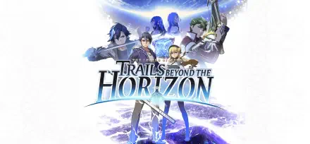HD PC desktop wallpaper for the video game The Legend of Heroes: Trails Beyond the Horizon, showing main characters posed around the title logo against a glowing sky and distant horizon.