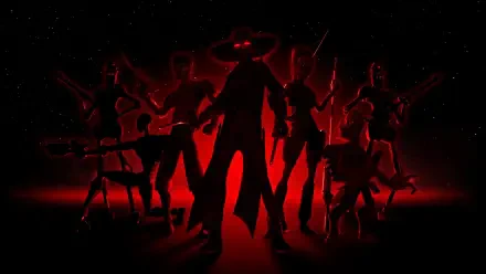 Star Wars: The Clone Wars (2008) HD PC desktop wallpaper and background — red-backlit silhouettes of warriors, droids, and a horned central figure against a starry black sky.