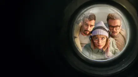 HD PC desktop wallpaper showing Berlin (La Casa De Papel) with two allies peering through a round porthole into a dark, cinematic background.
