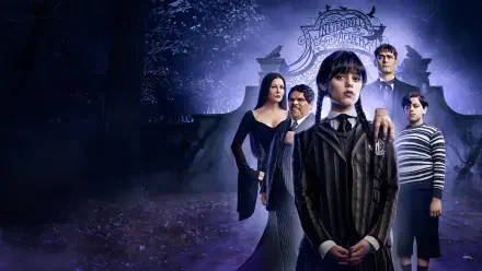 Wednesday-themed 2K Quad HD PC desktop wallpaper: gothic moonlit scene with a brooding girl front and center, family silhouettes and a shadowy mansion in fog.