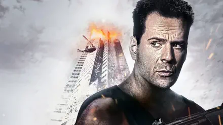 Die Hard 4K Ultra HD PC desktop wallpaper: gritty close-up of a determined man in a tank top holding a gun, a skyscraper ablaze with helicopters and smoke in the background.