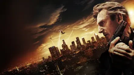 Taken 3 4K Ultra HD PC desktop wallpaper/background — close-up of a determined man holding a gun above a glowing city skyline at dusk, dramatic orange clouds and scattered lights.